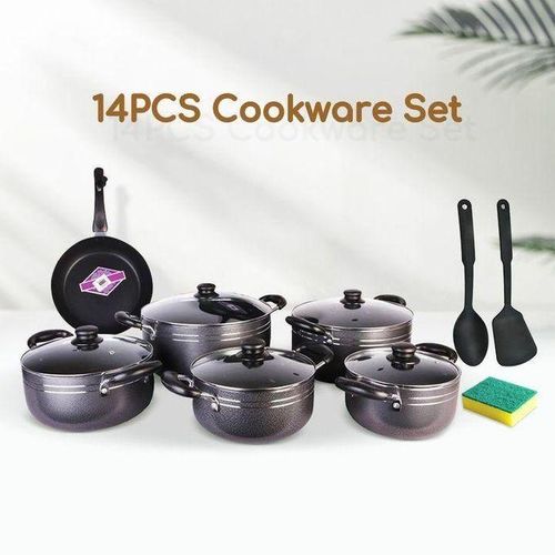TC 14PCS Nonstick Black Cookware Set Cooking Pots Sufuria (20/22/24/28/30cm Pots + Glass Lids+silicone Spoons +26cm Frying Pan)